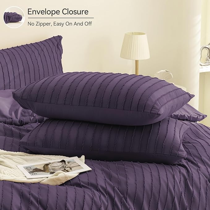 JELLYMONI Duvet Cover King Size Purple - 3PCS Boho Striped Duvet Cover Set Polyester Tufted Bohemian Textured Comforter Cover 104×90in with Corner Ties & Zipper and 2 Pillowcases