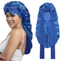 AWAYTR Long Satin Bonnet for Women - Double Layer Elastic Silk Bonnet for Braids Hair Sleeping Cap with Tie Band (Royal Blue)