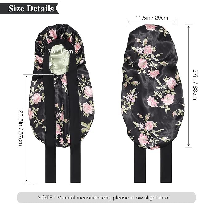 AWAYTR Long Satin Bonnet for Women - Double Layer Elastic Silk Bonnet for Braids Hair Sleeping Cap with Tie Band (Black Flower+Green)