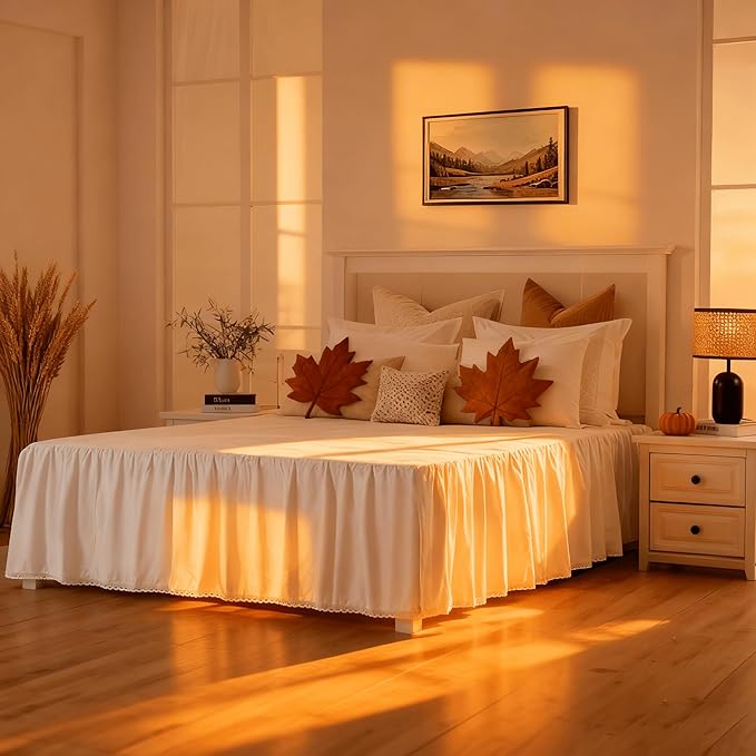 Twin Size 14" Drop - White Lightweight Cotton Bed Skirt with Crochet Edge - Dust Ruffle with Split Corner - Soft, Elegant, Breathable Bedding Accessory