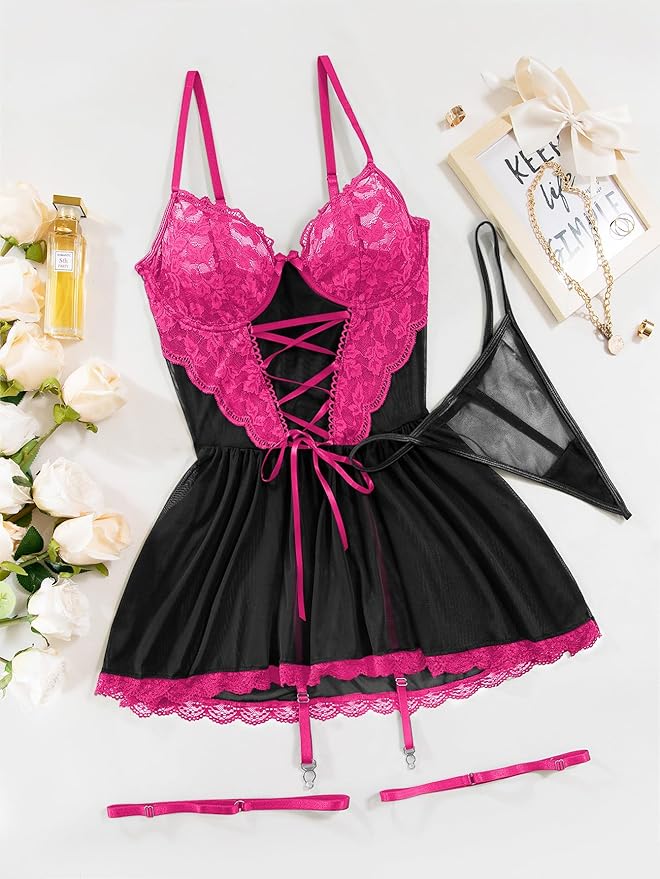 Lilosy Sexy Garter Belt Mesh Lace Babydoll Lingerie Dress Set with Thong