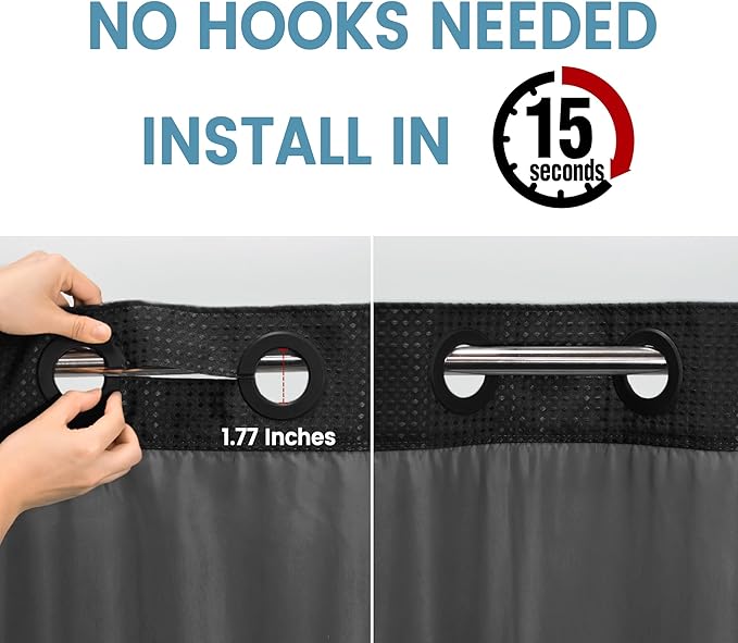 Stall No Hook Shower Curtain with Snap in Liner,230GSM Waffle Weave Shower Curtains for Bathroom,36W x 74H,Black