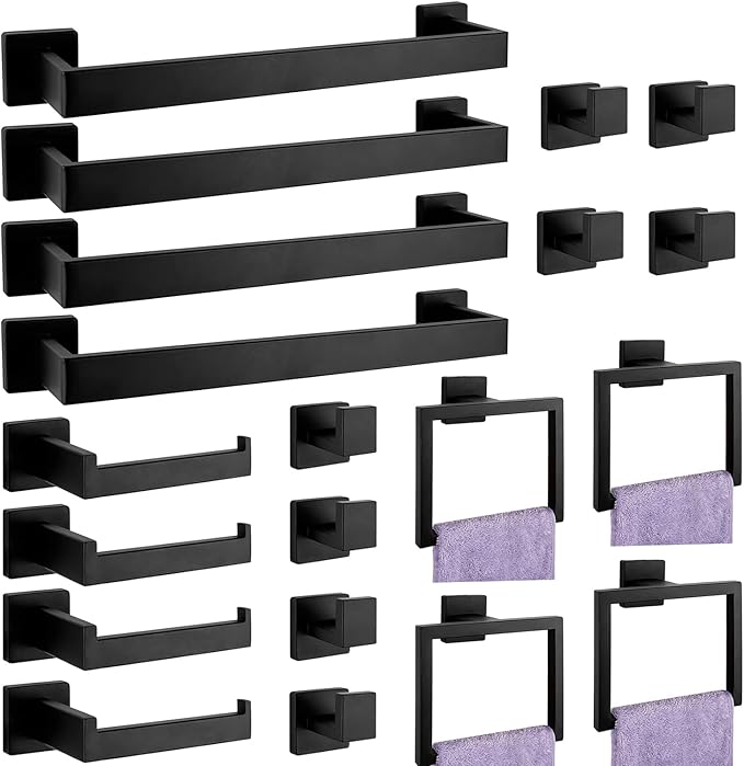 Bathroom Accessories Towel Bar Set: 20 Pieces Matte Black Bathroom Hardware Square SUS304 Stainless Steel - Wall Mounted Towel Rack&Toilet Paper Holder&Towel Ring and Towel Hook