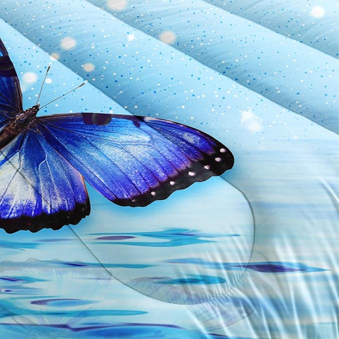 Fantasy Blue Themed Aesthetic Bedding Full Comforter Set,Butterflies on Water with Falling Flowers Comforter Sets for Kids Girls Boys,Pretty Butterfly Pattern Bedding Sets with 2 Pillowcases.