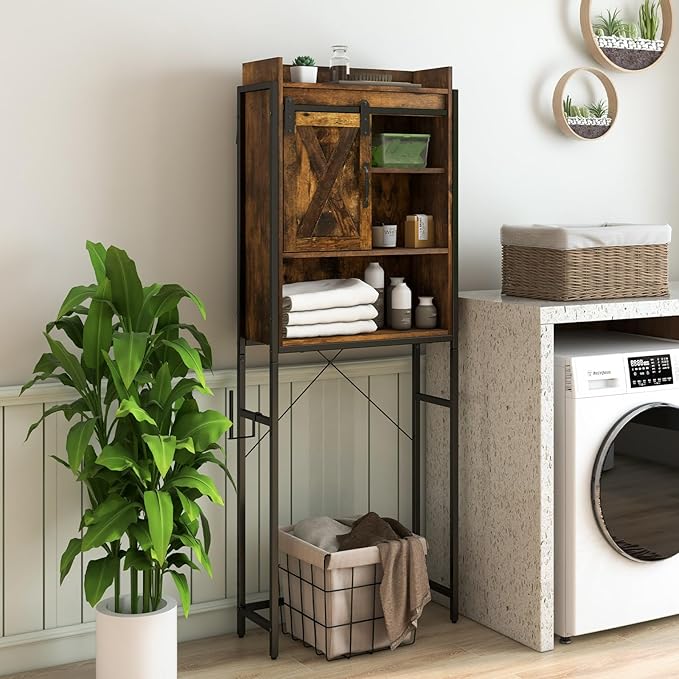Giantex Over The Toilet Storage Cabinet - Freestanding Bathroom Organizer Rack with Adjustable Shelf, Sliding Barn Door, Paper Holder, Bathroom Space Saver, Above Toilet Storage Cabinet (Brown)