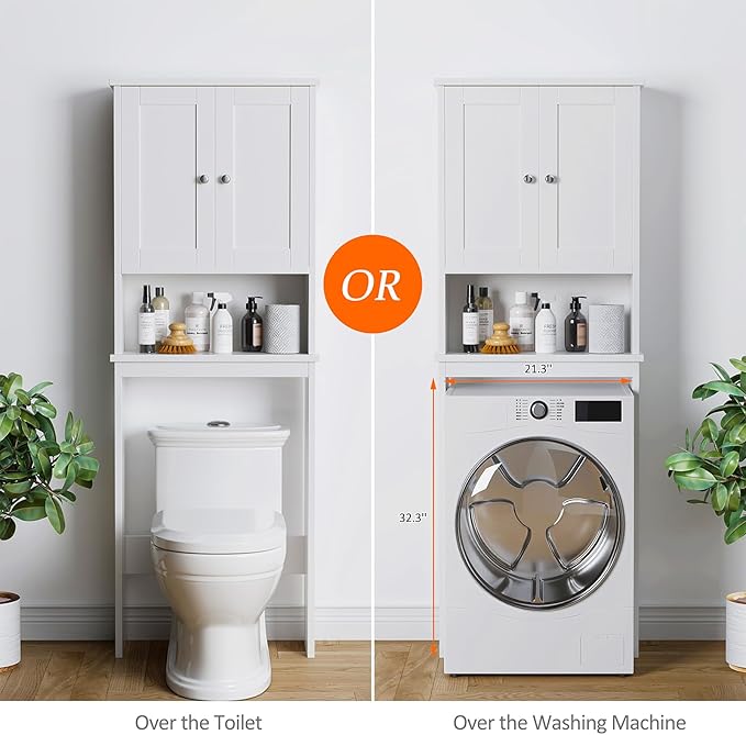 Meilocar Over The Toilet Storage Cabinet, Bathroom Storage Cabinet Over Toilet, Space Saver W/Adjustable Shelf & Open Shelf, White