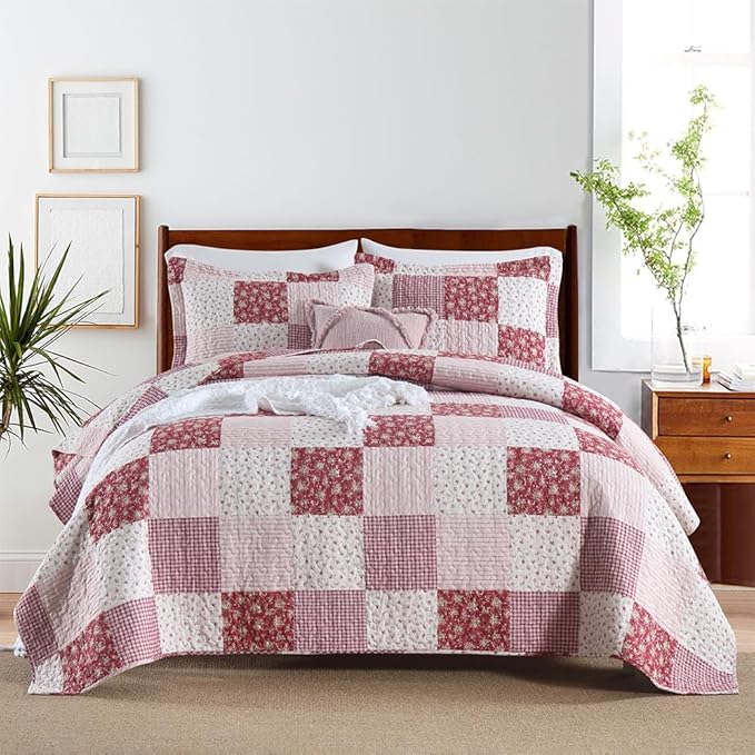 ENASAL Cotton Bedspread Quilt Bedding Sets Reversible Coverlet Sets Comforters Plaid Floral Red White Patchwork Pattern Bedspread for All Season, King Size
