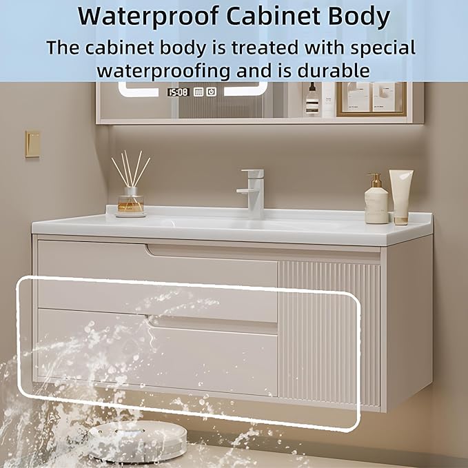 Cream Grey Sophisticated Bathroom Vanity - Bathroom Vanity with Smart Storage & Mirror Cabinet, Defogging, LED Light | Wall-Mounted Bathroom Storage Cabinet & Bathroom Vanity with Sink (Grey, 36IN)