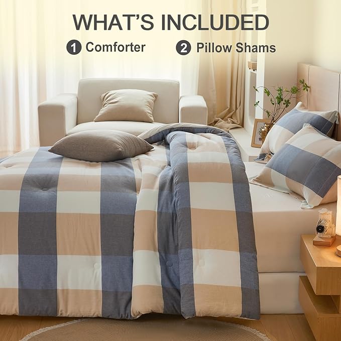 100% Cotton Comforter Set King Size – Reversible Yarn-Dyed Checkered Design, Soft Washed Cotton on Both Sides, Lightweight All-Season Bedding, Machine Washable(Blue White Plaid, 104”x90”)
