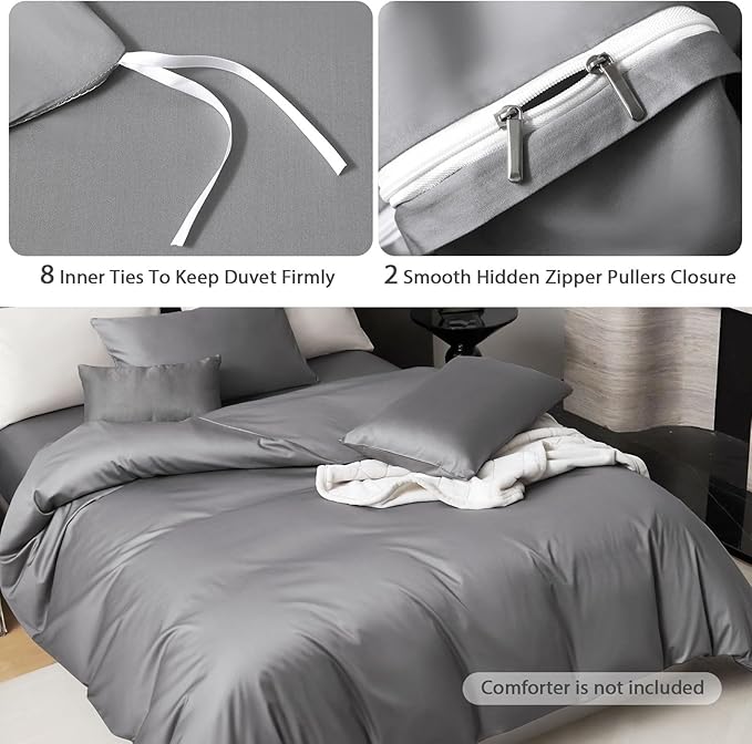 PURE ERA Duvet Cover Set 800 Thread Count Long Staple Cotton Sateen Silky Soft Luxurious Smooth 3 Piece Set Solid Deep Grey King