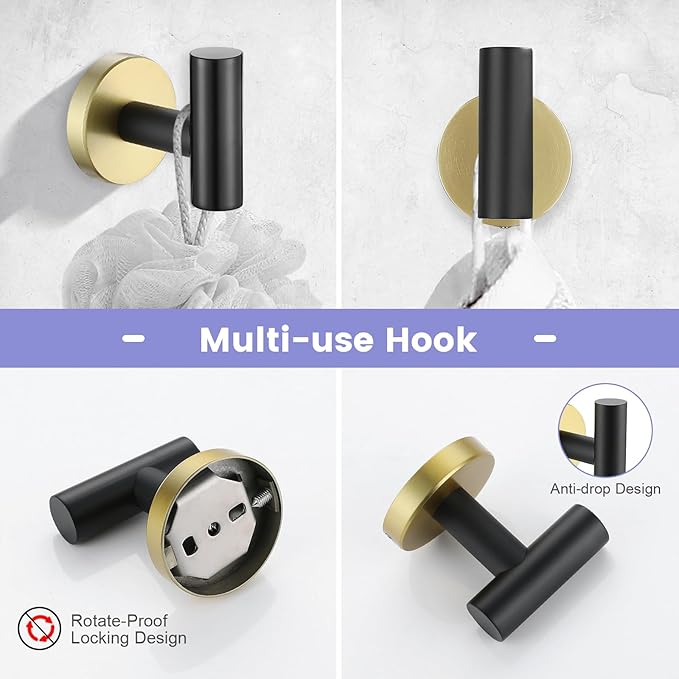 YACVCL 5 Pieces Bathroom Towel Holder, 27.5 Inch Black and Gold Bathroom Set SUS304 Stainless Steel, Towel Bar for Bathroom Wall Mounted, Bathroom Hardware Set, Towel Rods for Bathroom