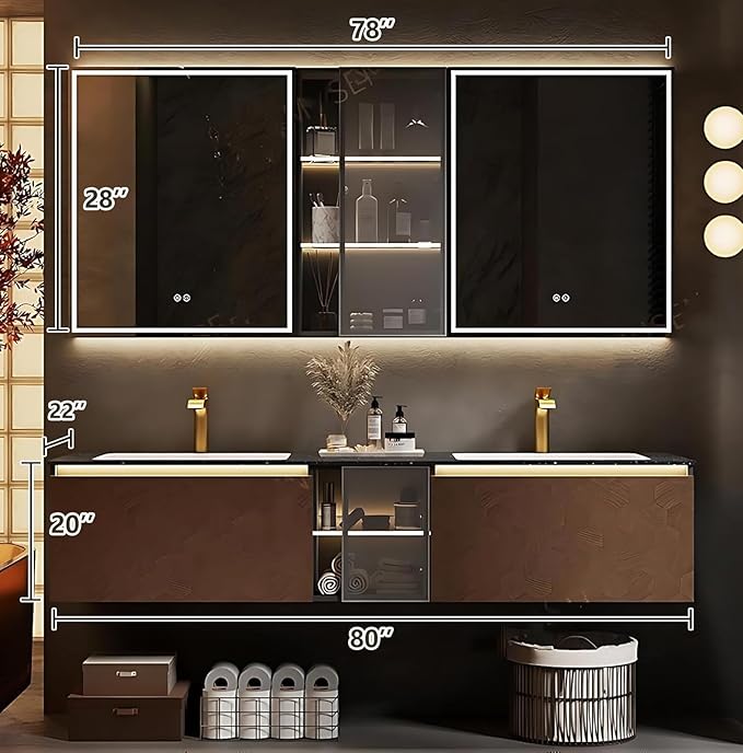 80" Double Bathroom Sink Vanity, Modern Bathroom Vanity Includes LED Smart Defogging Mirror Cabinet & Semi-Open Storage & Ceramic Basin, Floating Bathroom Cabinet with Sensor Light (Dark Brown)