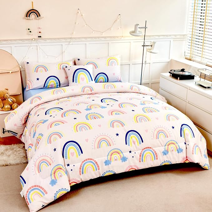 ANGIYUIN 6 Pieces Beige Rainbow Girls Full Size Comforter Set Cartoon Love Hearts Stars Bedding Set for Kids Girls Cute Soft Lightweight Bed in A Bag with Rainbow Comforter, Sheets, Pillowcases