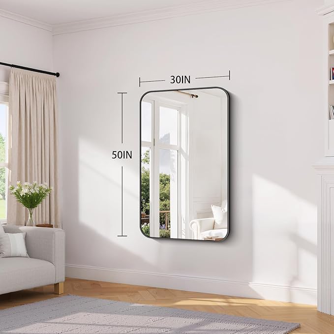 Koonmi Black Framed Bathroom Mirror - 30x50 Inch Shatterproof Tempered Glass Vanity Mirror for Bathroom Sink, Wall Mounted with Matte Aluminum Alloy Frame, No Distortion, Modern Decor