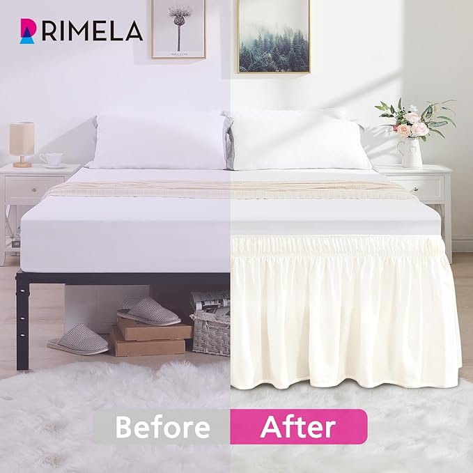 RIMELA Cream White Bed Skirt King Size 15 Inch Drop, Wrap Around Elastic Bedskirt, Dust Ruffle for Adjustable Bed Base Machine Washable Easy to Install Bed Skirts