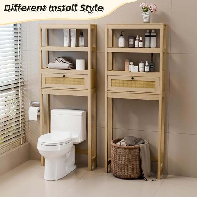 Over The Toilet Storage Cabinet, Behind Toilet Bathroom Organizer with Adjustable Shelves, Above Toilet Organizers with Rattan Door, Space Saver for Restroom, Bathroom, Laundry
