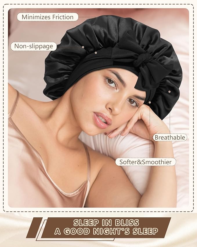 AWAYTR Women Satin Bonnet for Sleeping - Double Layer Silk Hair Bonnet with Elastic Tie Band for Braids Curly Hair