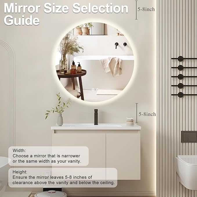 28 Inch Round LED Bathroom Mirror Backlit Anti-Fog Wall Mounted Lighted Bathroom Vanity Mirror 3 Colors Light Dimmable Smart Makeup Mirror with Touch Switch