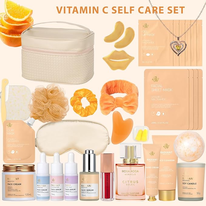 Christmas Gifts for Women, Orange 33 Pcs Facial Kit, Skin Care Gift Set, Self-Care Kit, Spa & Bath & Body Basket Gift, Beauty Bag Set, Collagen Gel Mask, Pampering Kit, Birthday Gift, Mother Day