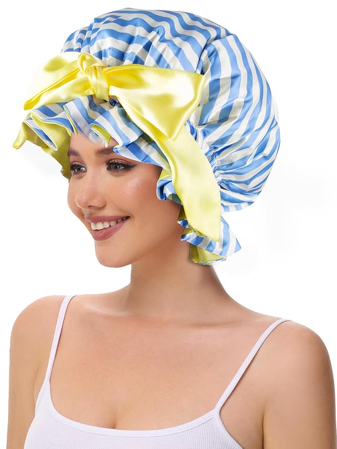 Silk Bonnet, Satin Hair Shower Cap for Sleeping Women 2025 Tie Band Adjustable Straps Head Wrap for Curly Hair Blue Stripe F