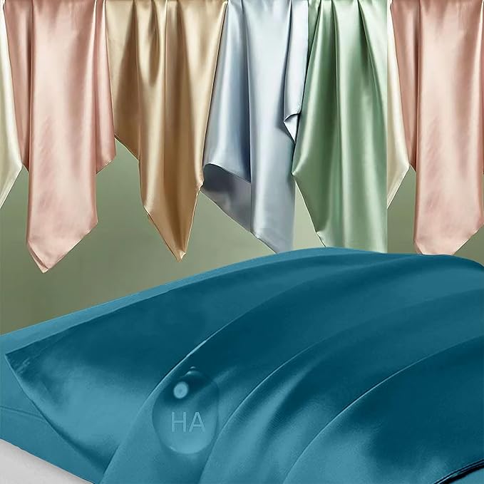 Silk Pillow Cases 2 Pack, Mulberry Silk Pillowcases Standard Set of 2, Smooth, Anti Acne, Beauty Sleep, Both Sides Natural Silk Satin Pillow Cases for Women 2 Pack with Zipper for Gift, Teal