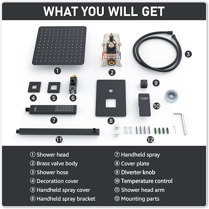 Iriber Shower Set with 12 Inch High Pressure Rain Shower Head and Handheld and Shower Faucet Mixer Valve Modern Shower System Including Pressure Balance Valve Shower Trim Kit for Bathroom,Matte Black