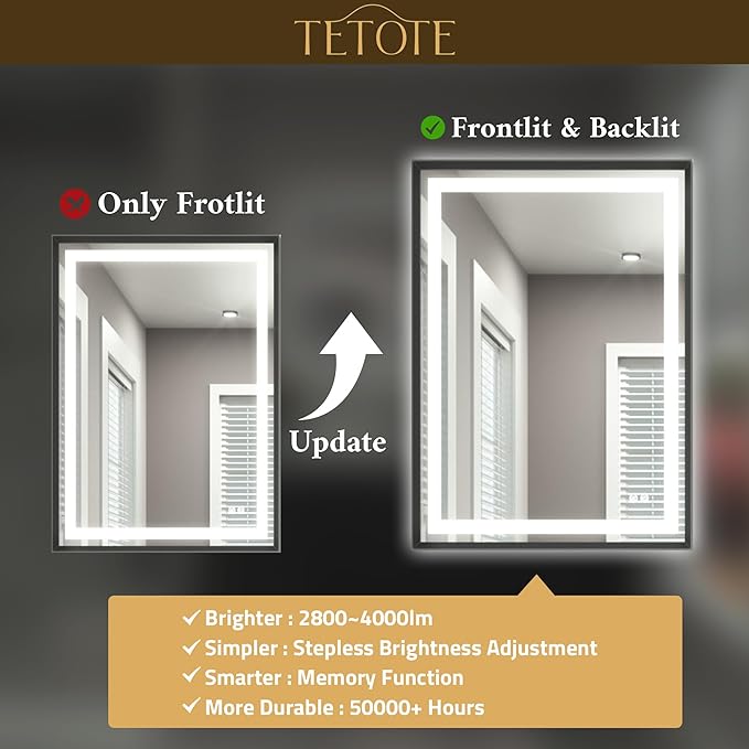 TETOTE 28 x 36 Bathroom LED Mirror Brushed Black Metal Frame Frontlit & Backlit Anti-Fog Stepless Dimmable 3 Colors White/Warm/Natural Mirror with Lights Wall-Mounted