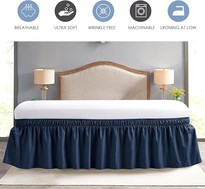 FreshCulture King Bed Skirt, Dust Ruffle for King Size Bed, Easy Fit with 18-Inch Tailored Drop, Elastic Wrap Around Bed Skirt King Size, Hotel Quality Bed Skirts for Adjustable Bed (Navy Blue)