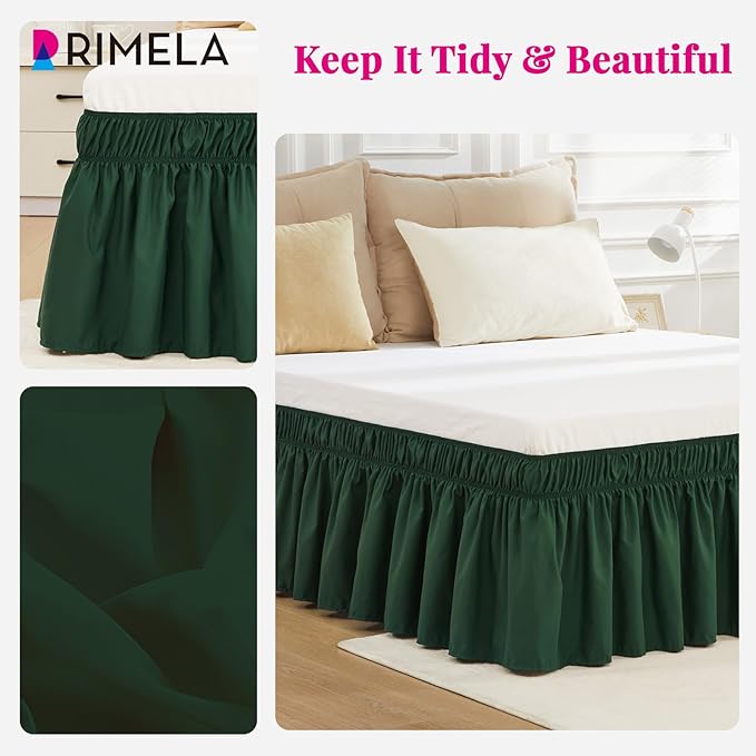 RIMELA Dark Green Bed Skirt King Size 15 Inch Drop, Elastic Wrap Around Bed Skirt King Dust Ruffle for Bed, Soft and Solid Fabric Bedding Bedskirt Machine Washable Easy to Install