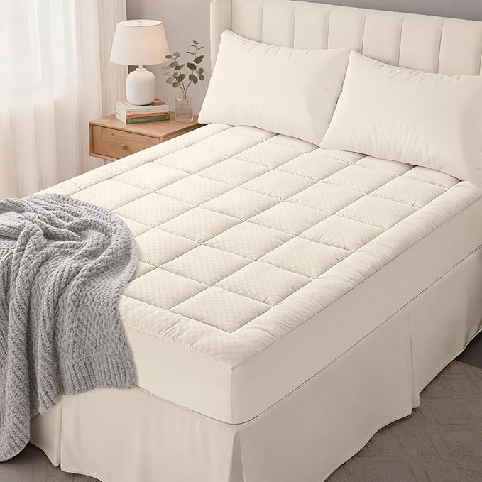 OLANLY Full Quilted Fitted Mattress Pad – Soft Pillow Top Mattress Topper, Down Alternative Fill, Cooling Comfort Breathable Mattress Cover, Machine Washable Deep Pocket Mattress Protector, Ivory