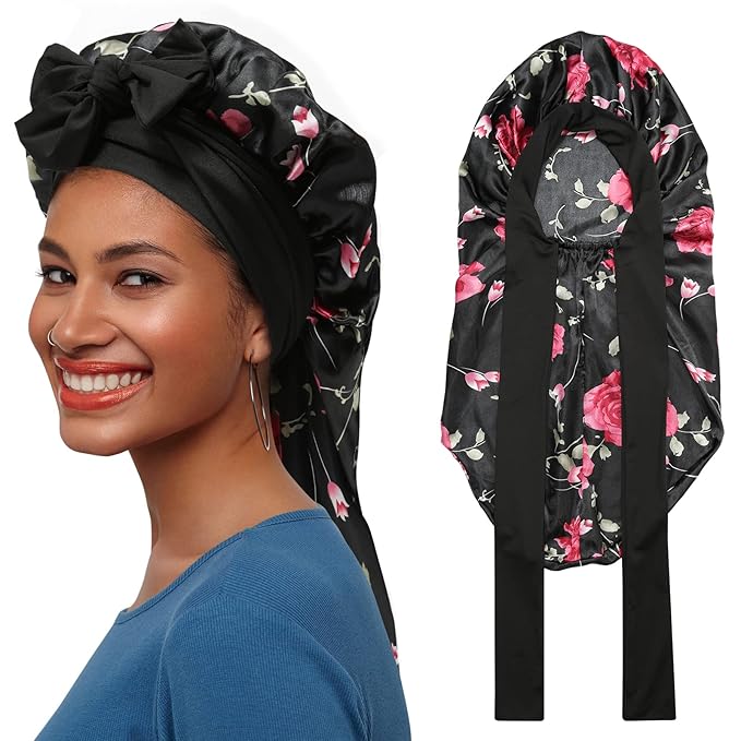 AWAYTR Long Satin Bonnet for Braids - Elastic Silk Hair Bonnets for Sleeping Night Cap Stretchy Tie Band for Women（Flower C）