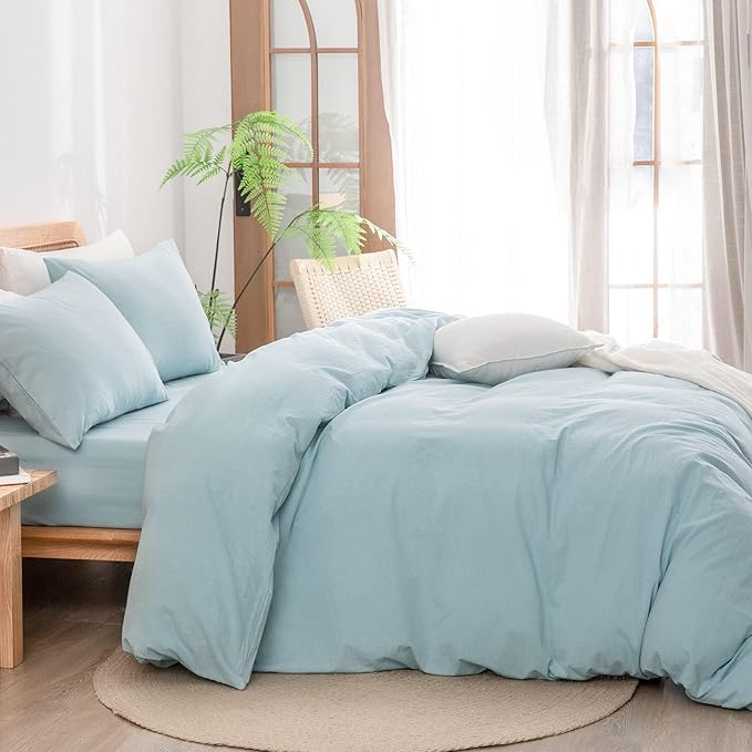 BESTOUCH Duvet Cover Set 100% Washed Cotton Linen Feel Super Soft Comfortable Chic Lightweight 3 PCs Home Bedding Set Solid Hushed Green Oversized Full