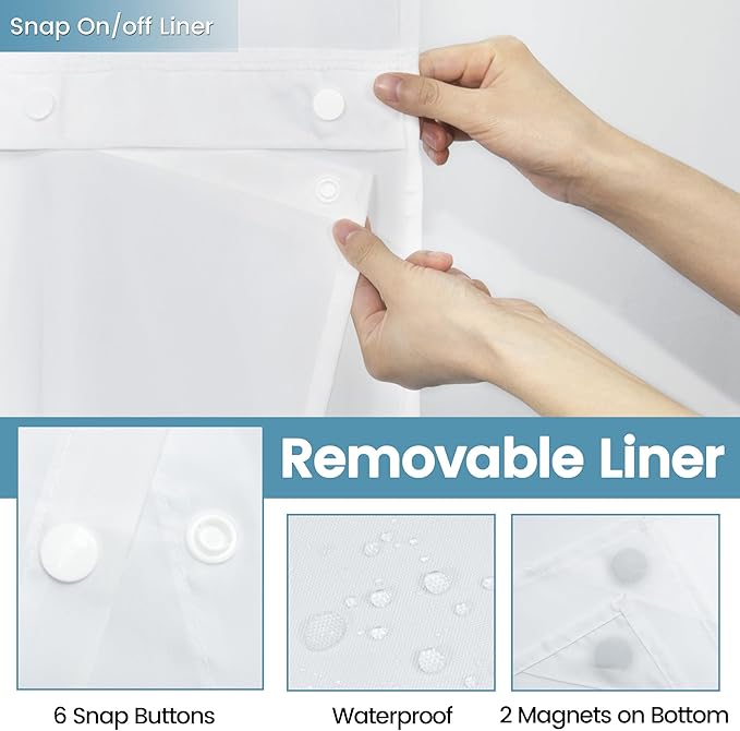 Stall No Hook Shower Curtain with Snap in Liner,230GSM Waffle Weave Shower Curtains for Bathroom,36W x 74H,White
