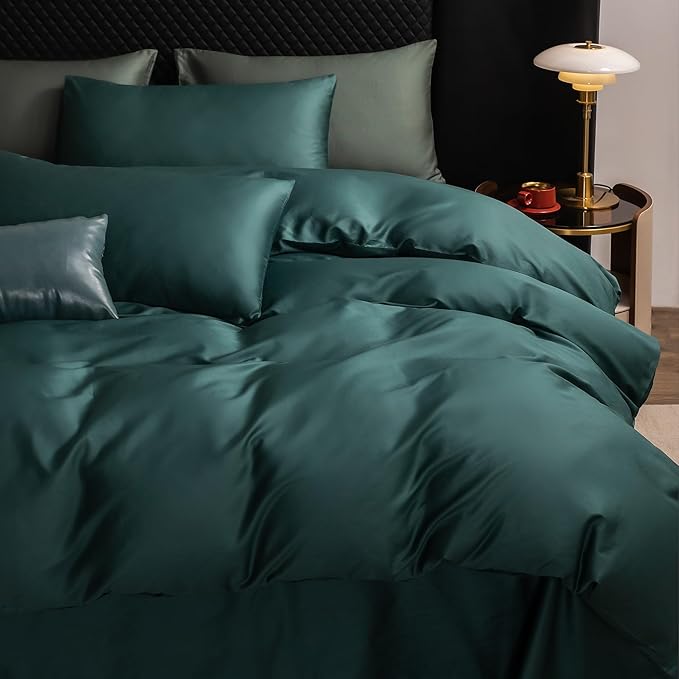 MooMee King Duvet Cover Set, 100% Extra Long Staple Cotton 600 Thread Count Sateen Silky Soft Breathable Durable Luxury Hotel Quality Bedding Set, 3 Pieces (Forest Green, King 104"x90")