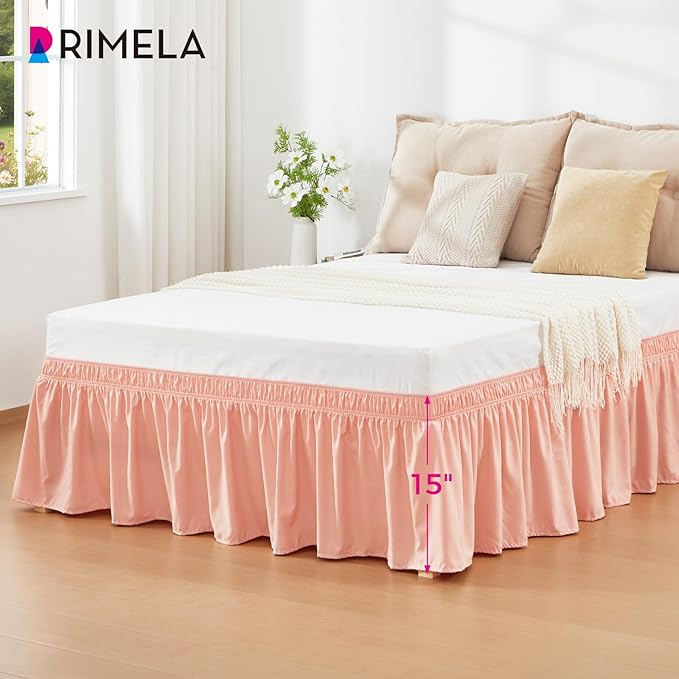 RIMELA Peachy Coral Bed Skirt Queen Size 15 Inch Drop, Wrap Around Elastic Bedskirt, Dust Ruffle for Adjustable Bed Base Machine Washable Easy to Install Bed Skirts