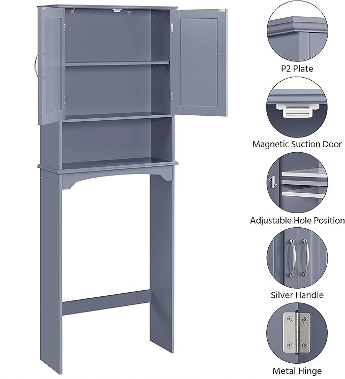 Yaheetech Over The Toilet Bathroom Cabinet with 2 Doors & Adjustable Shelf, Free Standing Toilet Rack Space-Saving, L24.5xW9xH66 Inches, Grey