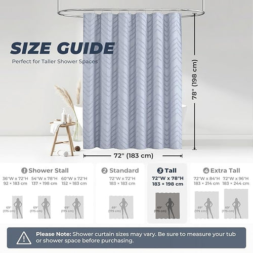 78inches Long Light Blue Boho Fabric Shower Curtain Tufted Chevron Striped Textured Cloth Curtains for Bathroom, Fog Blue