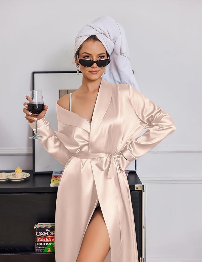 Ekouaer Silk Robes for Women Shawl Collar Satin Bathrobe Long Bride Wedding Party Robe Lightweight Sexy Sleepwear S-XXL