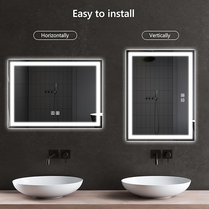 APRILSOUL 36x28 Inch LED Bathroom Mirror with Front and Backlit, Makeup Mirror with 3 Color Lights, Memory Function, Anti-Fog and Dimmable Light (Horizontal/Vertical)