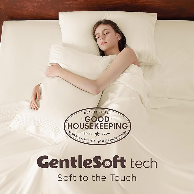 Bedsure Deep Pocket Queen Sheets Set - Fits Mattresses Up to 21 Inches Thick - 4 Piece GentleSoft Bed Sheets, Moisture Wicking, Soft & Cooling Bedsheet & Pillowcases, Easy & Secure Fit, Ivory