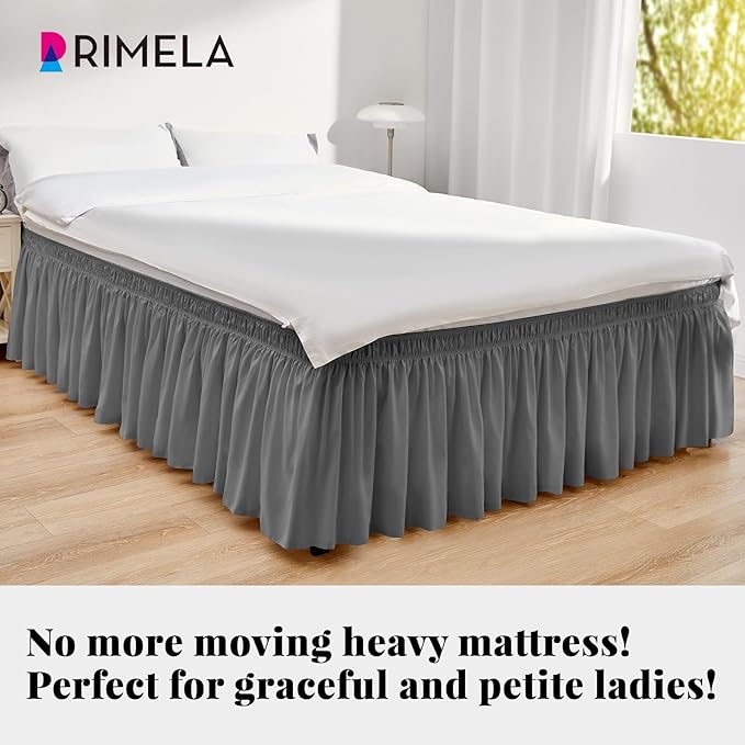 RIMELA Dark Grey Bed Skirt for Queen Size Beds & Matresses Wrap Around Elastic Dust Ruffles for Box Spring, Solid Wrinkle and Fade Resistant Machine Wash Fabric Easy to Install, Bedskirt 15 Inch Drop