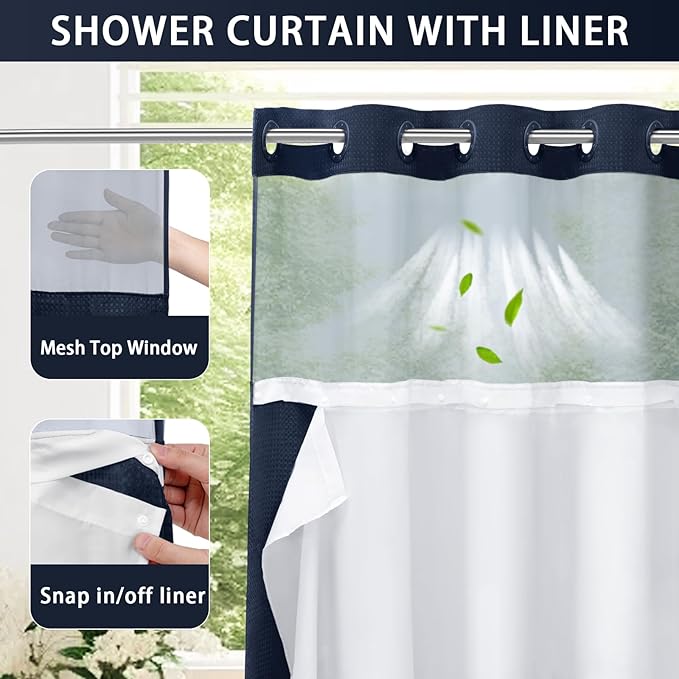 YellyHommy No Hook Shower Curtain with Snap in Liner Set Less Time Navy Blue Waffle Shower Curtain for Bathroom 81" L x 72" W