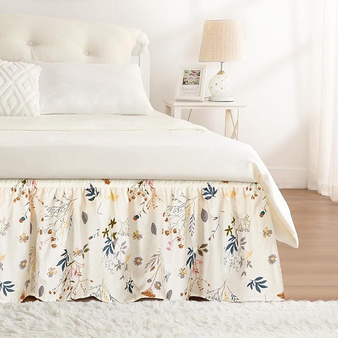 RIMELA Balloon Flower Floral Bed Skirt Queen Size 15 Inch Drop, Elastic Bed Skirting for Bed Frame, Bedding Dust Ruffle Easy to Install, Lightweight Wrap Around Adjustable Bedskirt