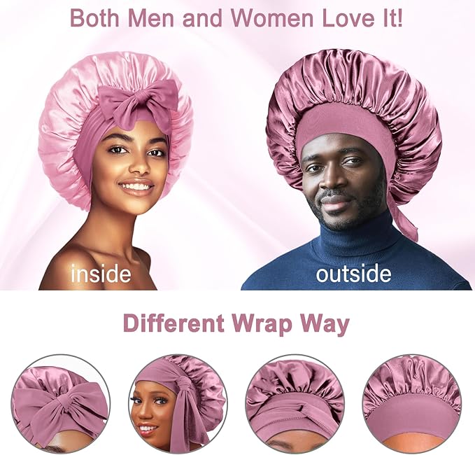Double Layered Silk Satin Bonnet with Tie for Sleeping Black Women, Wide Band Large Hair Wrap Sleep Cap for Curly Hair Braid