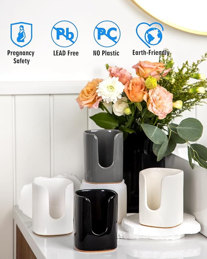 5 oz Square Ceramic Bathroom Cup Dispenser for Kids and Pregnancy - Disposable Paper Cup Holder for Mouthwash Cups on Bathroom Vanity Countertop (2 Pack, Black)