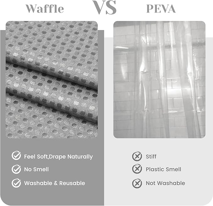 No Hook Shower Curtain with Snap in Liner Set Waffle Shower Curtain for Bathroom Hotel Style Fabric Waterproof Inner Liner，54" W x 80" H, Grey