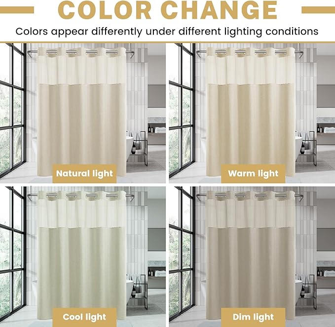 Small No Hooks Luxury Shower Curtain Set with Snap-in Liner, Polyester Textured with See-Through Top Window, Waterproof & Washable Hotel Style for Bathroom, 54W x 80H, Cream