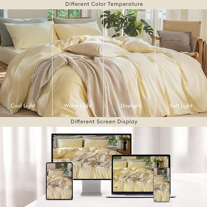 MooMee Bedding Duvet Cover Set 100% Washed Cotton Linen Like Textured Breathable Durable Soft Comfy (Heathered Butter Yellow, Palatial King/Oversized King 120"x98")