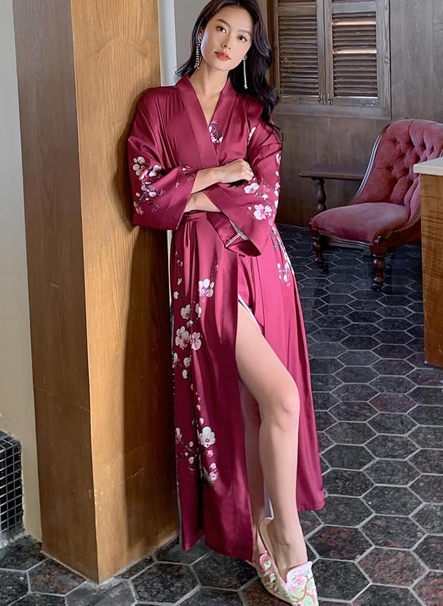 Silk Satin Robe for Women Long Japanese Kimono Robe Lightweight Soft Bathrobe Floral Luxury Dressing Gown