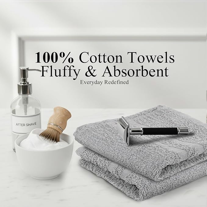 Hand Towels - Pack of 40, 16 x 27 Inches, 100% Cotton, Grey, Highly Absorbable, Facial, Gym, Hair, Face Towels